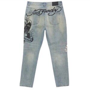 Ed Hardy Men's Eagle Distressed Death Before Dishonor Slim Taper Jeans